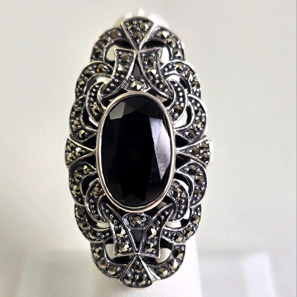 Dramatic Sterling Silver 925 Onyx & Marcasite Ring – Gothic Elegance Redefined